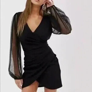 ASOS Design Ballon Sleeve Dobby Mini Dress In Black Size 4 NWOT